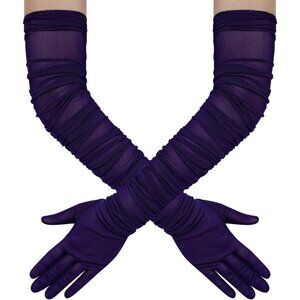Women's Purple Stretchy Tulle Spandex Mesh Sheer Satin Long Gloves Party Prom